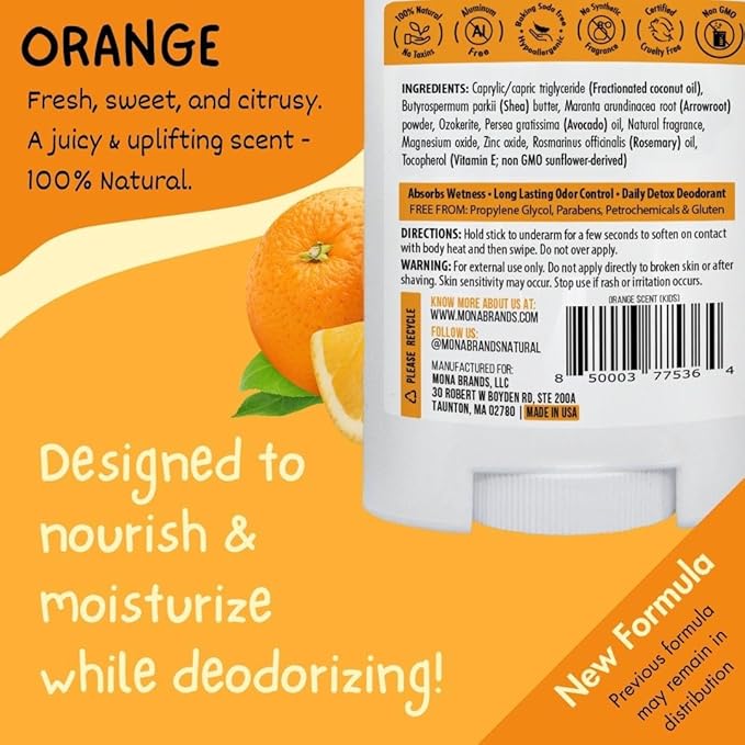 MONA BRANDS 100% Natural Kids Deodrant for Boys and Girls | Safe Deodorant for Kids | No Baking Soda, Aluminum or Synthetic Scents | Hypoallergenic (ORANGE 1.76 Oz)