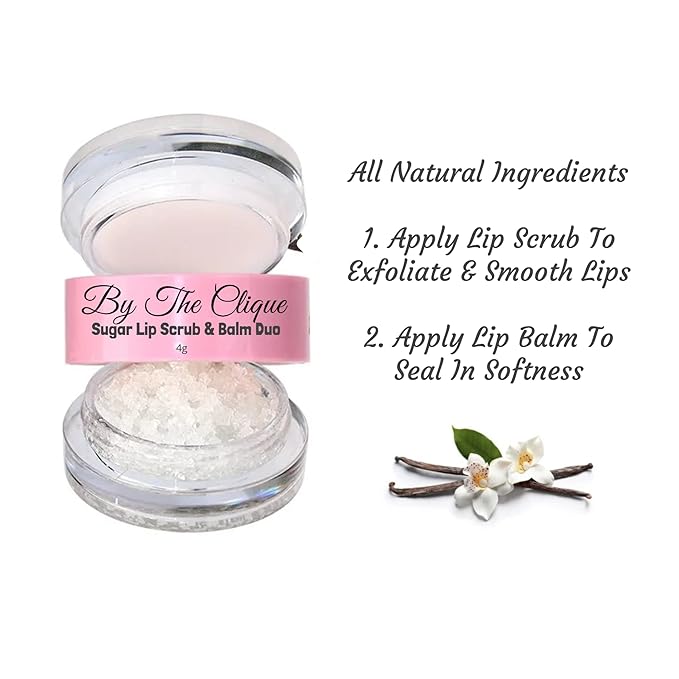 Premium 2 in Exfoliating Sugar Lip Scrub and Smoothing Safflower Oil Infused Lip Balm Duo | All Natural Ingredients | Vegan, Gluten Free and Cruelty Free | Vanilla Sugar