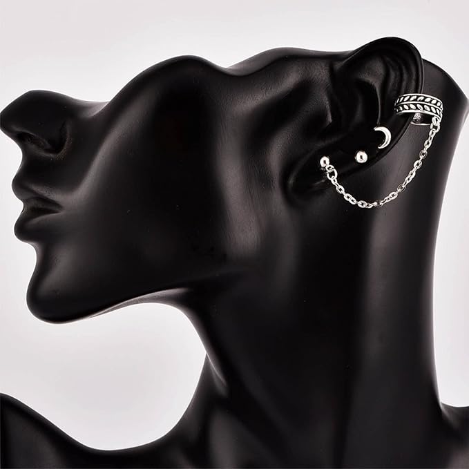 Bohemia Moon Cuff Chain Earrings Silver Chain Climber Dangle Earrings Tassel Chain Cartilage Earrings Chain Drop Dangle Earrings Set for Women and Girls