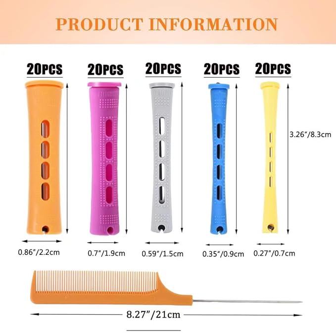 100pcs Hair Curling Rods Set - Plastic Cold Wave Rollers for Natural, Long or Short Hair Styling - Women's DIY Hairdressing Tools in Orange, Purple, Gray, Blue, Yellow