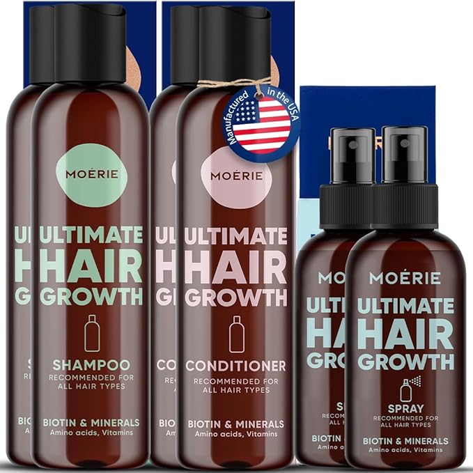 Moerie Mineral Shampoo and Conditioner Plus Hair Growth Spray Set – Ultimate Hair Care Pack – For Longer, Thicker, Fuller Hair - Volumizing Hair Care Products – Paraben & Silicone Free - Double Set
