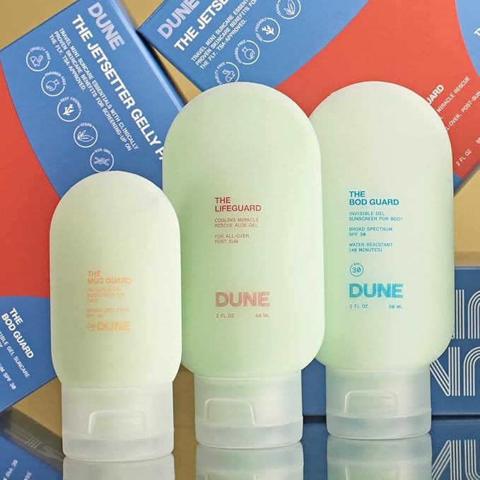 Jetsetter Gelly Pack Mini Travel Set - 7x Award-Winning Dermatologist Recommended Clear Gel Suncare for Face and Body - Bod Guard (2 Fl Oz), Mug Guard (1 Fl Oz), and Life Guard (2 Fl Oz)