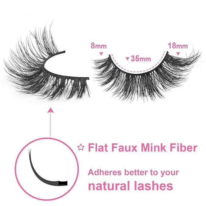 Mink Lashes False Eyelashes Natural Look Wispy Cat Eye Flat Lashes 3D Mink Lashes Natural Fake Lashes 18mm Strip Lashes Pack 7 Pairs
