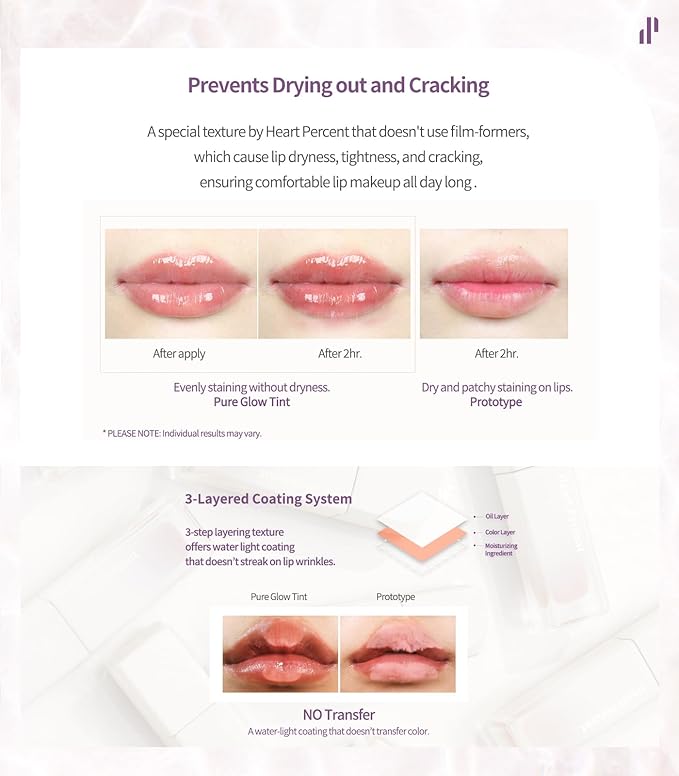 Heart Percent Dote On Mood Pure Glow Tint, Watery & Lightweight Moisturizing Lip Stain Long Lasting Liquid Lipstick 6.8g, #08. Plum Mauve