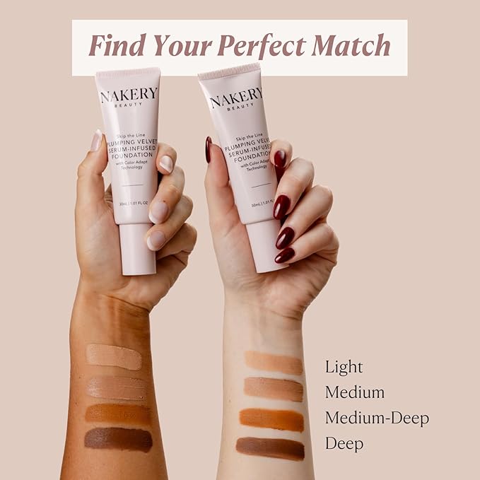 Nakery Full Coverage Foundation for Women - 5 in 1 Plumping Liquid Foundation Makeup - Serum Infused Makeup Foundation Smart Color Adapt with Niacinamide & Hyaluronic Acid for All Skin Types - Light