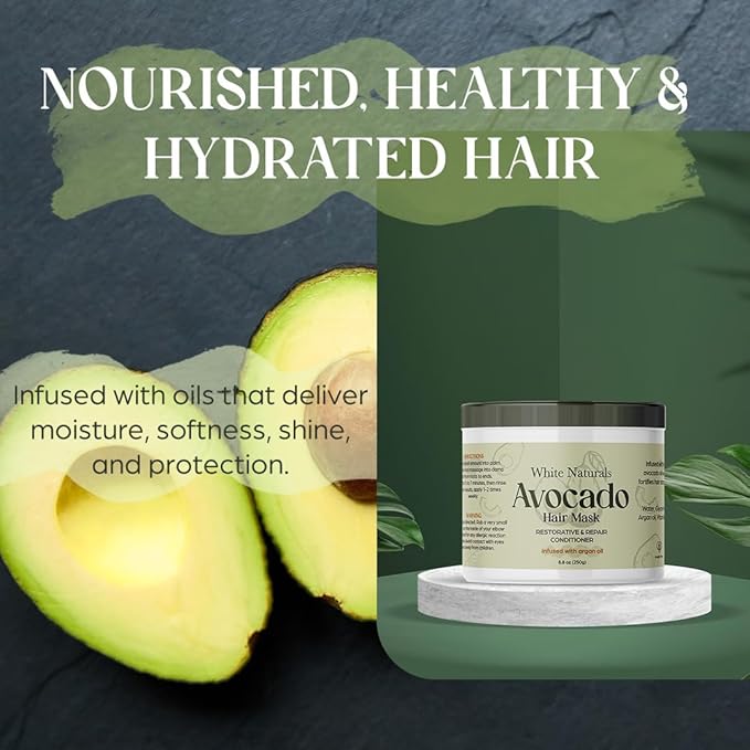 White Naturals Avocado Hair Mask Infused with Biotin for Growth and Volume, Deep Conditioning Cream for Healthy Hydrated Thick Hair, Nourishing Avocado Oil Cream to Help Restore Damaged Tips