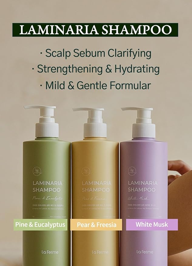 laferme Laminaria Shampoo with Organic Ingredient, Korean Clarifying Shampoo, Hydrating for Dry Hair, Strengthening for Weak Hair, Sulfate & Paraben-Free, for Women & Men, 33.8 FL OZ, White Musk