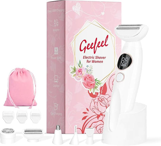 Bikini Trimmer for Women, 5 in 1 Electric Razors for Women - Rechargeable Electric Shaver - IPX7 Waterproof Bikini Trimmer for Underarm Leg Arm Body