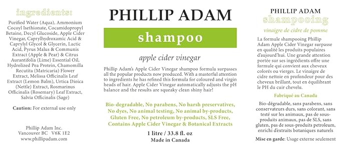 Phillip Adam Apple Cider Vinegar Shampoo and Conditioner Set for All Types of Hair - pH Balancing - Sulfate Free, Paraben Free & Silicone Free - 33.8 Ounce Each