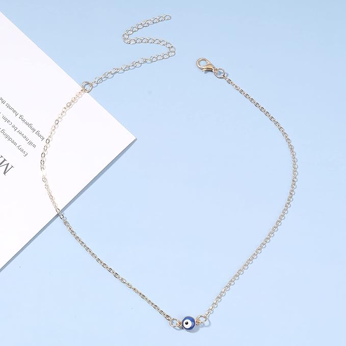 Boho Evil Eye Choker Necklace Blue Eye Pendant Necklace Minimal Gold Chain Necklace Lucky Eye Necklace Amulet Chain Jewelry for Women and Girls