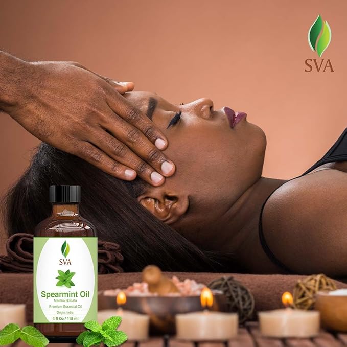 SVA Spearmint Essential Oil – 4 Fl Oz – 100% Natural Spearmint Oil - for Diffuser, Hair Care, Face, Skin Care, Aromatherapy, Scalp and Body Massage, Soap and Candle Making – with Dropper
