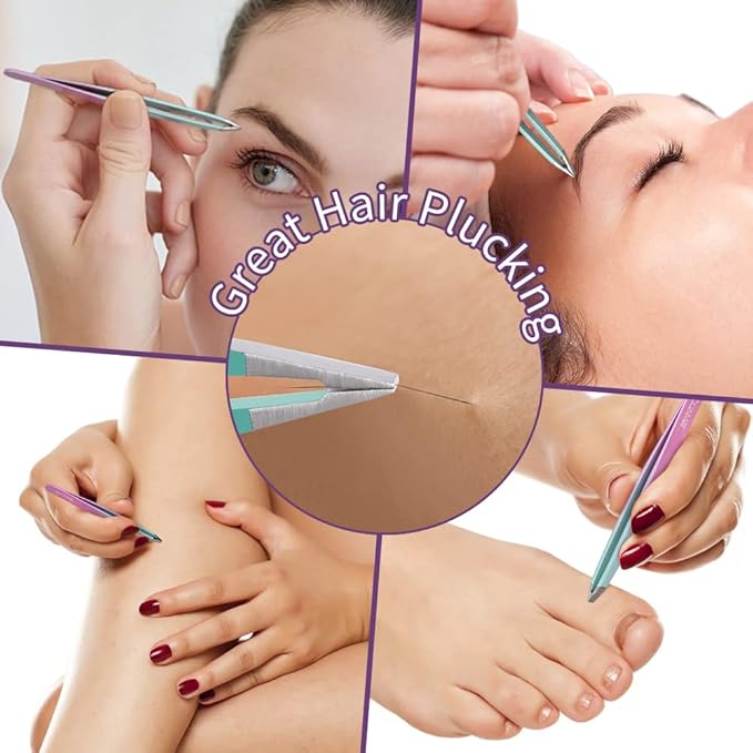 TsMADDTs 7PCS Tweezers for Women Facial Hair, Precision Tweezer Set for Eyebrows with Curved Scissor and Eyebrow Razor for Ingrown Hair