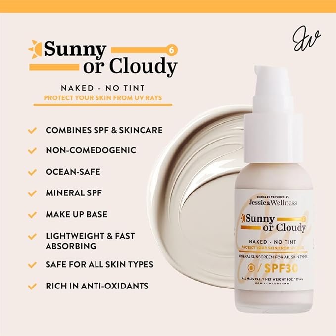 Jessica Wellness Mineral Sunscreen + Hydrating Serum with Broad Spectrum SPF 30 & Antioxidants, Oil-Free, Fragrance Free, Non-Nano Zinc Oxide. 1 oz (Light)