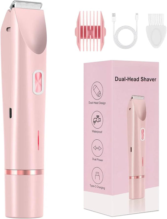 Dermave Bikini Shaver - Bikini Trimmer for Women, Dual Head Shaver Painless Hair Removal for Face, Body & Intimate Areas (Pink)