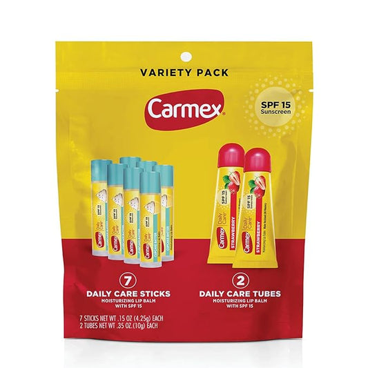 Carmex Daily Care Moisturizing Lip Balm Pack, SPF 15, Strawberry & Cupcake Batter Flavor Variety Pack Bag, 9 Count (7 Sticks, 2 Tubes)