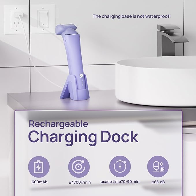 Buqikma Bikini Trimmer for Women - Painless Rechargeable Electric Razor Silk-Smooth Pubic Hair Trimmer Ipx6 Waterproof & Bikini Shaver with Charge Dock for Full Body with Ceramic Blade, Purple