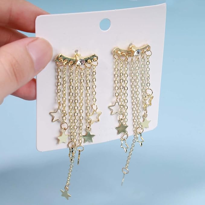 Boho Star Chain Tassel Earrings Gold Star Dangle Earrings Long Chain Drop Earrings Tiny Star Fringe Chain Earrings Jewelry for Women and Girls