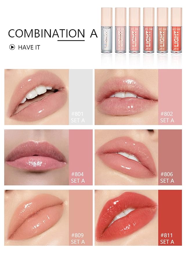 6PCS Lip Oil Light Lipgloss Set, Moisturizing Hydrating Lip Glow Oil Lip Gloss Kit High Shine Lip Plumping Glass Finish Liquid Lipstick for Women (Set A)