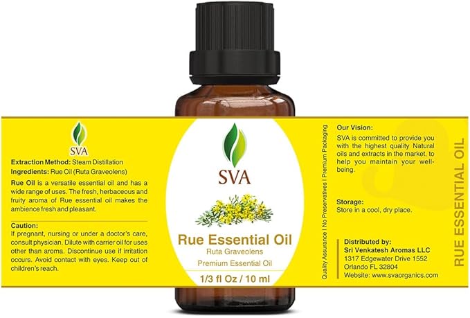 SVA Rue Essential Oil – 1/3 Fl Oz – 100% Natural Rue Oil - for Diffuser, Hair Care, Face, Skin Care, Aromatherapy, Scalp and Body Massage, Soap and Candle Making