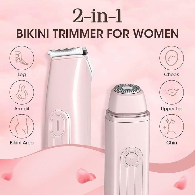 Lanumi 2 in 1 Electric Shaver Dual Head Bikini Trimmer Women IPX6 Wet Dry Pubic Hair Trimmer Rechargeable Body Facial Hair Remover for Face Lip Chin Underarm Legs (Pink)