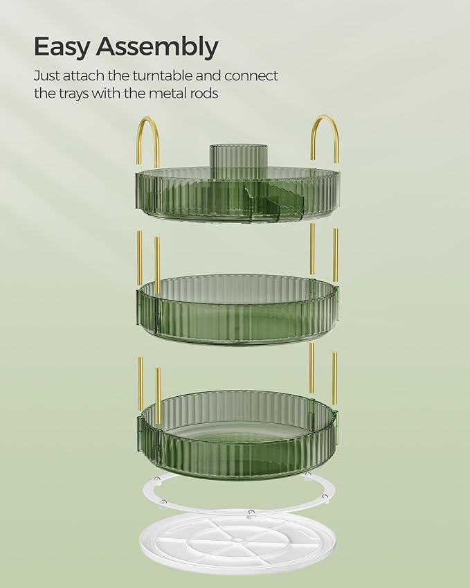 SONGMICS Makeup Organizer, 3-Tier Round Rotating Skincare Organizer Countertop, Customizable, Toiletries Vanity Organizer, Lazy Susan, Gift, Pale Green UJKA011C01