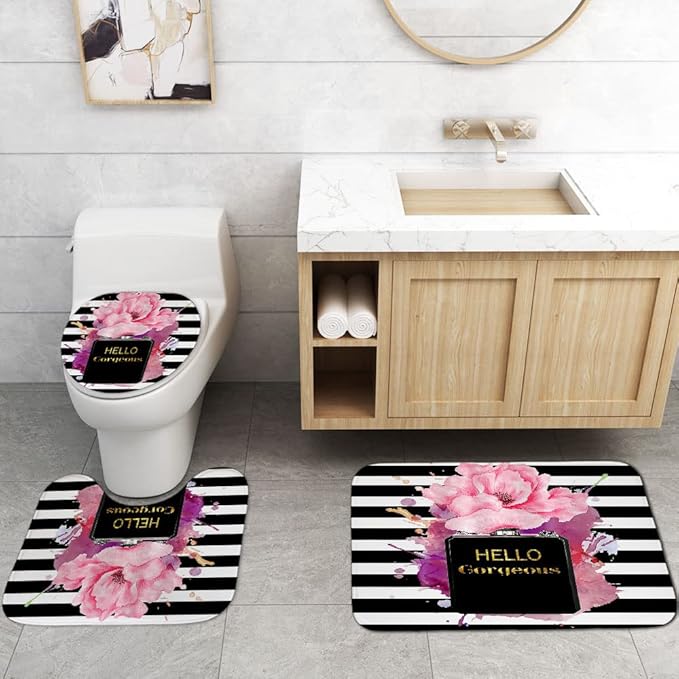 4PCS Gold Glitter Hello Gorgeous Shower Curtain Set, Watercolor Pink Floral Black and White Striped Perfume Makeup Modern Fashion Women Bathroom Decor, Non-Slip Bath Mat Toilet Rug, Hibiscus