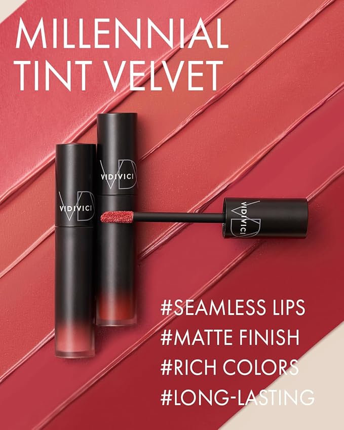 VIDIVICI Millennial Velvet Lip Tint - Thin, Comfortable & Long-Lasting Wear with Matte Finish - Seamless, Rich and Vibrant Shade - Moisture-Filled & Lightweight Texture, 0.15 fl.oz. (02 WHISPER CORAL)
