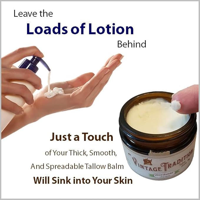 Vintage Tradition Beef Tallow All Purpose Balm - Healing, Hydrating Luxurious Skin Care Salve Replaces Body Lotion, Hand Cream, More - Essential Oil, Olive Oil, and Grass-Fed Tallow, 2 fl. oz.