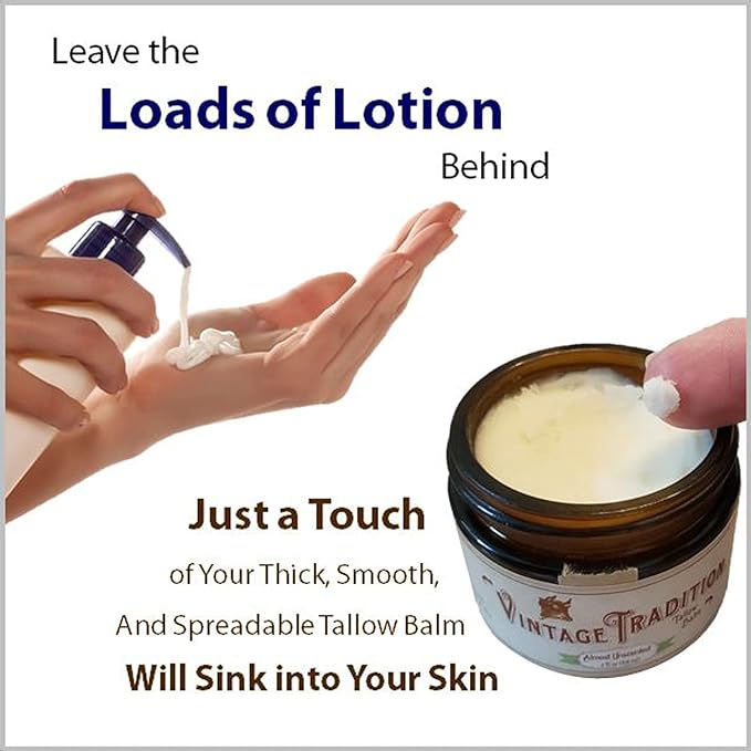 Vintage Tradition Beef Tallow All Purpose Balm - Healing, Hydrating Weather-Protecting Skin Care Salve Replaces Body Lotion, Hand Cream, More - Essential Oil, Olive Oil, and Grass-Fed Tallow, 2 fl oz.