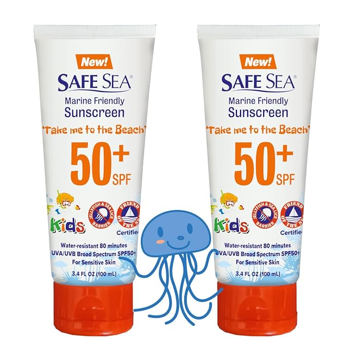 Safe Sea SPF50+ Kids Sunscreen | Travel Size 3.4 oz. | For sensitive skin | anti-jellyfish and Sea Lice sting protective lotion | Coral reef safe sunscreen (3.4 oz. tube 2 pack)