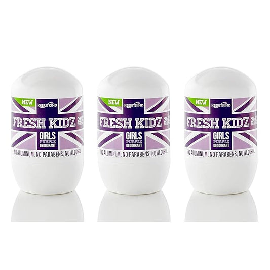 Fresh Kidz Roll On Deodorant for Kids and Teens - Baking Soda and Aluminum-free 24 Hour Protection for Sensitive Skin - Girls "Purple" 1.86 fl.oz. (3 Pack)