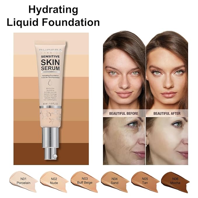 PHOERA Hydrating Essence Foundation,Waterproof and Light Long Lasting Hypoallergenic Full Coverage Hyaluronic Acid Foundation Makeup. (N03 Buff Beige)