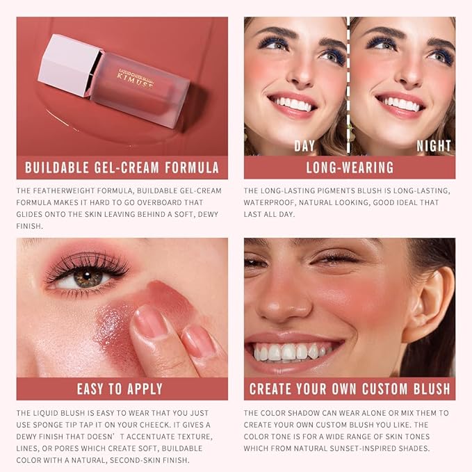 KIMUSE Soft Cream Blush Makeup, Liquid Blush for Cheeks, Weightless, Long-Wearing, Smudge Proof, Natural-Looking, Dewy Finish