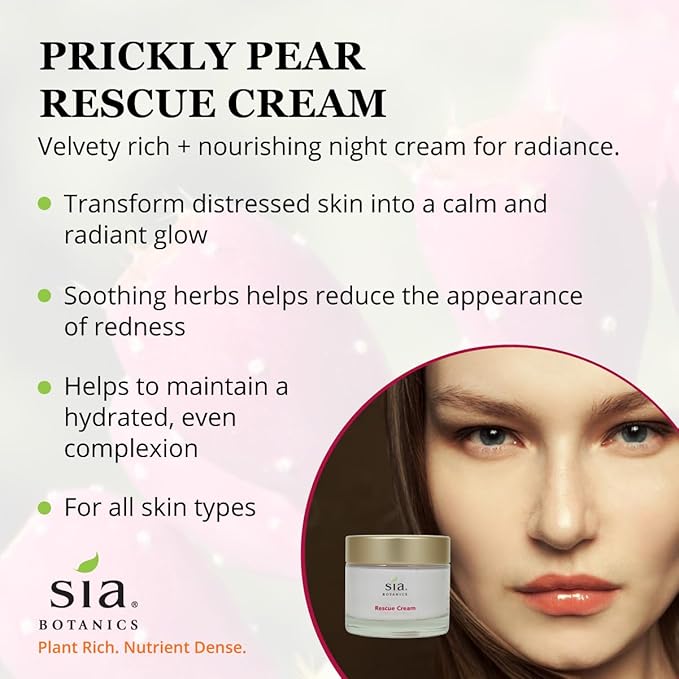 Rescue Face Cream (65g/2.3oz Glass Jar) | Facial Moisturizer w/Prickly Pear Cactus, Aloe Vera, Green Tea Extract | Natural, Clean, Botanical Skincare for Women
