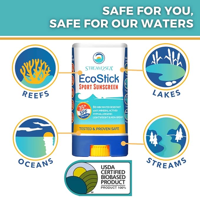 STREAM2SEA EcoStick SPF 35 Mineral Sunscreen Stick, Sweat Water Resistant Sunblock, USDA Approved Biodegradable Paraben Free Reef Safe Sunscreen Protection Against UVA UVB (EcoStick Sport) - 0.5 oz