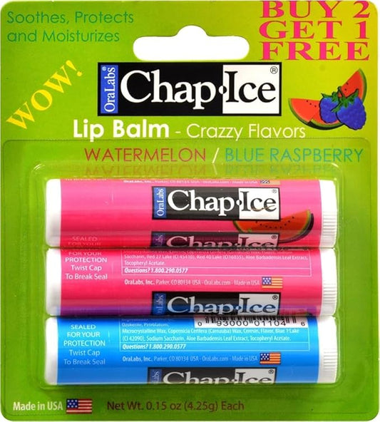 Chap-Ice SPF 4 Premium Lip Balm, Crazy Flavors (Watermelon & Blue Raspberry), 3 pack