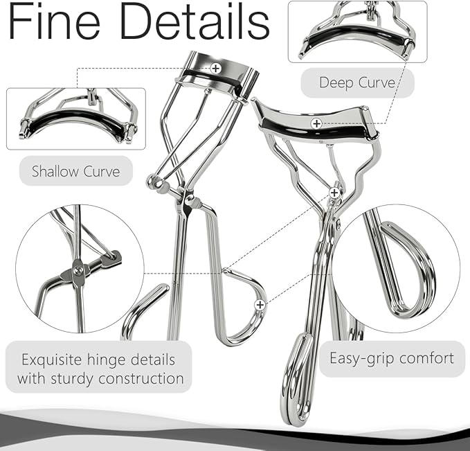 2 Kinds of Eyelash Curlers with Different Curvature Suitable for Various Eyes Shapes, Silver Comfort Grip,10 Silicone Replacement Refills Pads for Perfect Framed Lashes - Gentle & Safe Use