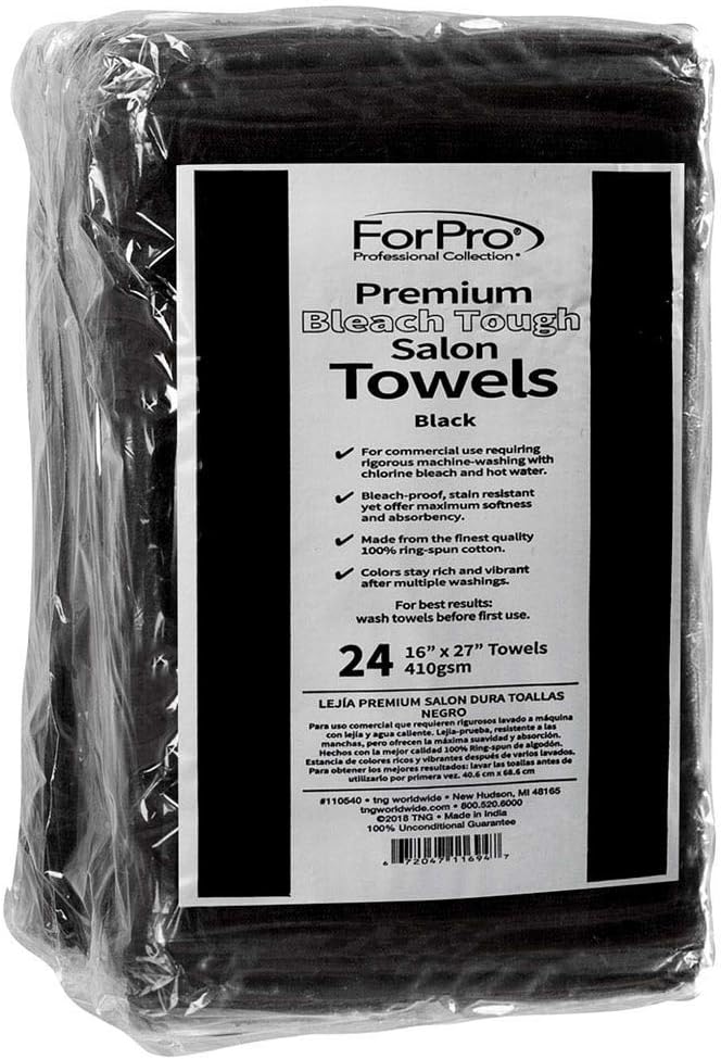 ForPro Professional Collection Premium Bleach Tough Salon Towels, Black, 100% Cotton, Bleach-Proof Towels, Stain Resistant, 16" W x 27" L, 24-Count