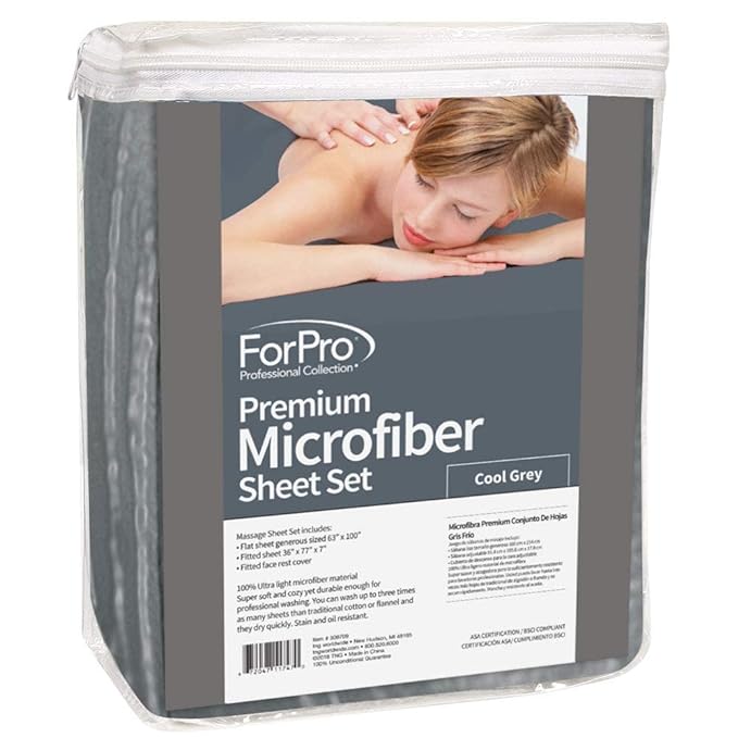 ForPro Professional Collection Premium Microfiber 3-Piece Massage Sheet Set, Cool Grey, Ultra-Light, Stain, and Wrinkle-Resistant, Includes Flat, Fitted Sheet and Massage Face Rest Cover
