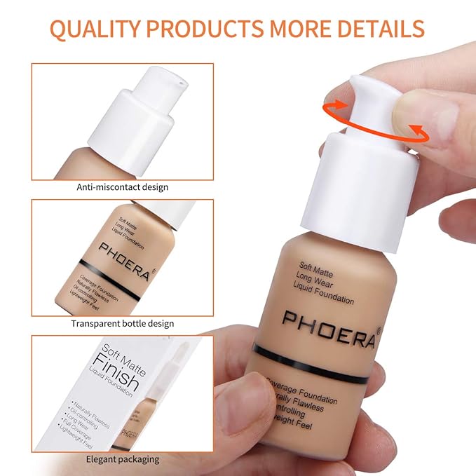 PHOERA Foundation Makeup Naturally Liquid Foundation Full Coverage Mattle Oil-Control Concealer 8 Colors Optional,Great Choice For Gift (#103 Warm Peach,30ml)