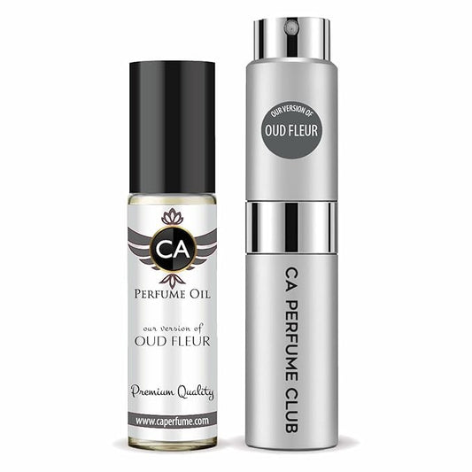 CA Perfume Duo Impression of Oud Fleur For Women And Men Perfume Layering Set Long Lasting Travel Size EDP + Body Oil Roll-On Bottle 0.27 Fl Oz+0.33 Fl Oz