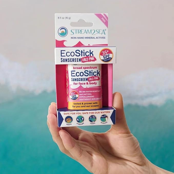 STREAM2SEA EcoStick SPF 35 Mineral Sunscreen Stick, Sweat Water Resistant Sunblock, USDA Approved Biodegradable Paraben Free Reef Safe Sunscreen Protection Against UVA UVB (EcoStick WildPink) - 0.5 oz