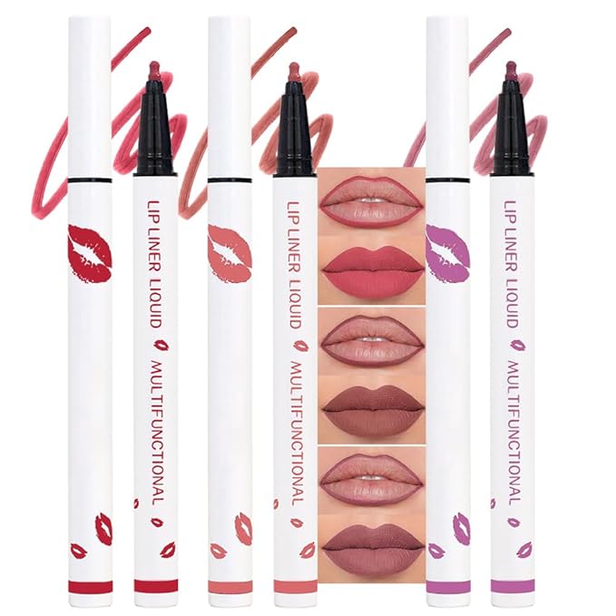 3Pcs Longwear Liquid Lip Liner Stain Marker Pen Set Long Lasting Waterproof, Pink Red Maroon Mauve Purple Matte 24 Hour Lip Liner and Lipstick Combo, Color Stay Lipliner All Day, Lip Stain peel off