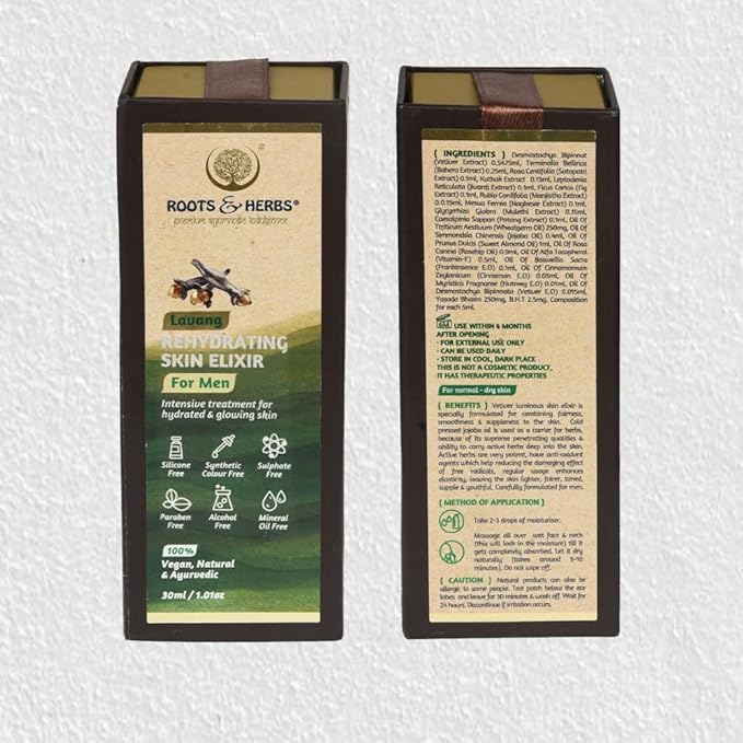 Roots & Herbs Ayurvedic Natural Treatment 100% Vegan No Paraben Lavang Rehydrating Skin Moisturizer Elixir for Men- 50 ML