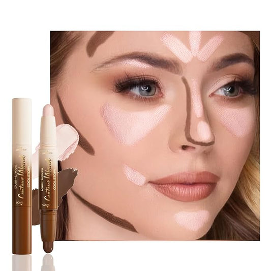 Dual-Ended 2-in-1 Cream Contour & Highlighter Stick – Waterproof, Long-Lasting for Face & Body Makeup, Suitable for All Skin Tones, 03#Darker Nude + Light Pink