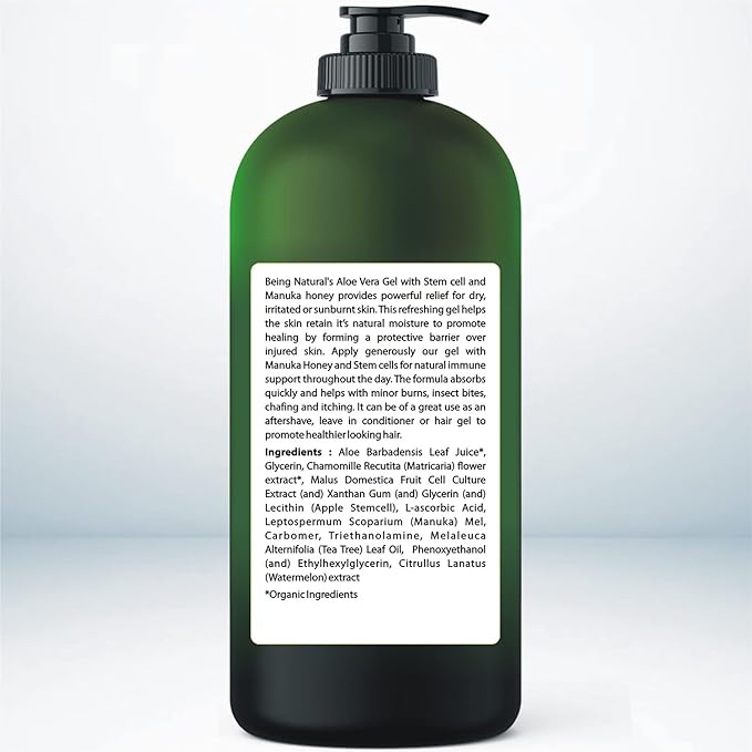 Aloe vera Gel - from 100% Pure Organic Aloe Infused with Manuka Honey, Stem Cell, Tea Tree Oil - Natural Raw Moisturizer for Face, Body, Hair. Perfect for Sunburn, Acne, Razor Bumps 16.9 fl oz