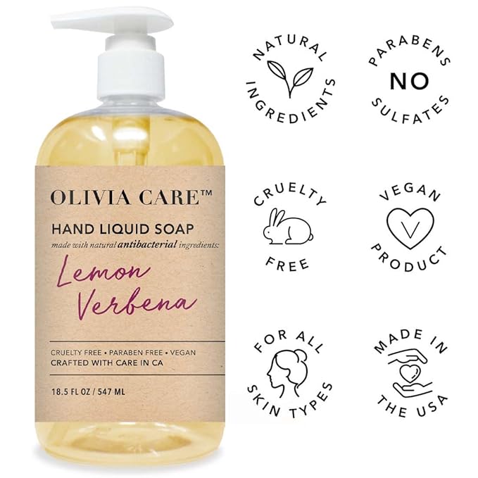 Olivia Care Antibacterial Hand Soap - Infused with Sage & Tea Tree Oil & Lemon Verbena Fragrance, Cleansing, Germ-Fighting, Moisturizing Hand Wash for Kitchen & Bathroom -18.5 fl oz