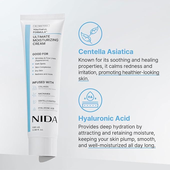 NIDA Youthful Formula™ Ultimate Moisturizing Cream | Centella Asiatica, Niacinamide, Hyaluronic Acid, Collagen | Wrinkles, Fine Lines, Dark Spots, Dry Skin, Redness | 3.38 fl. oz., 100ml