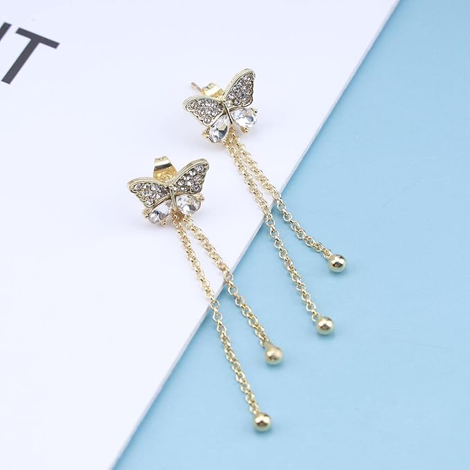 Vintage Crystal Butterfly Stud Earrings Gold Long Chain Earrings Thin Drop Chain Earrings Cz Paved Butterfly Earrings Retro Hanging Chain Earrings Jewelry for Women and Girls