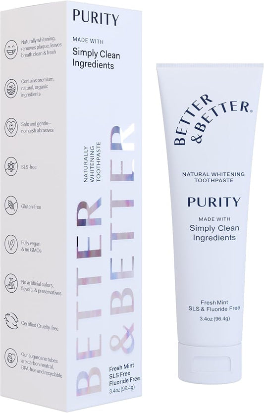 Better & Better Purity Toothpaste | Natural Whitening Toothpaste Without Additives | Organic, Vegan, Fluoride & SLS Free | Coconut-Based Formula w/Fresh Mint Flavor | 3.4oz, 1 Pack